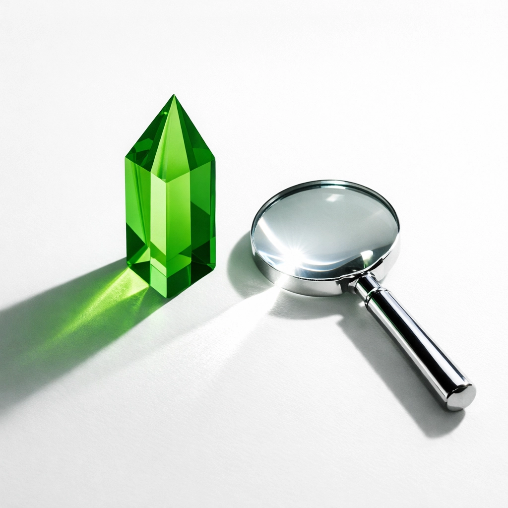 Magnifying glass focused on a green prism symbolizing strategic marketing budget allocation.