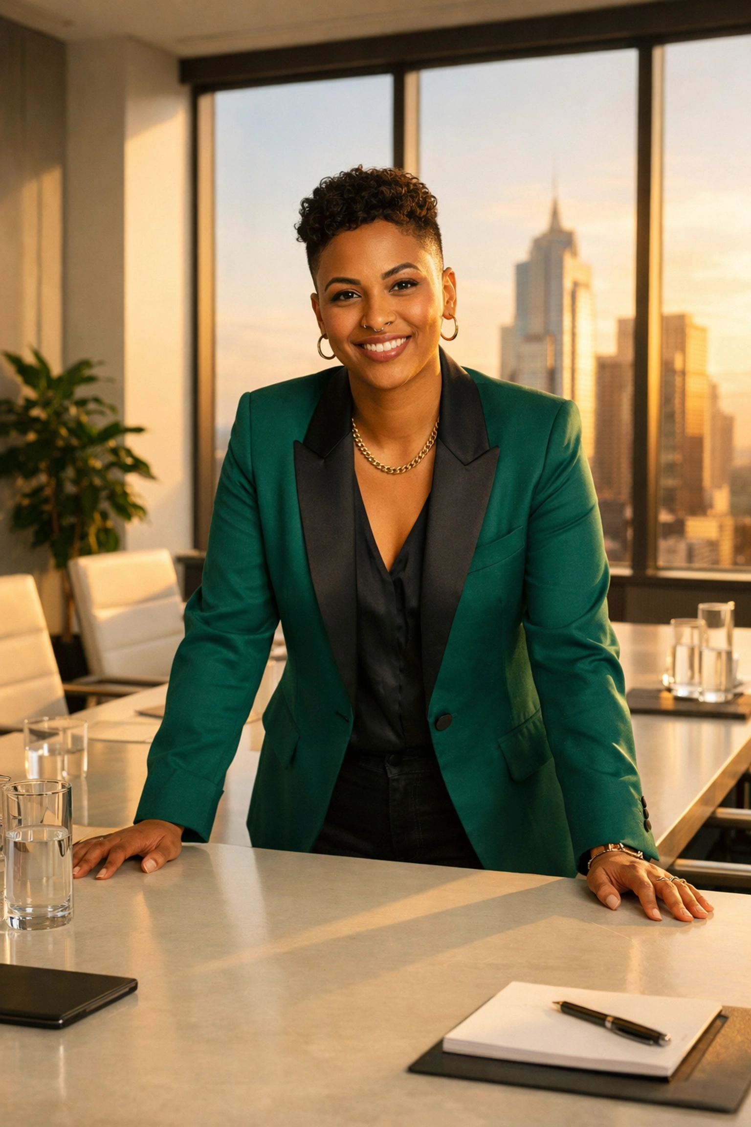 Non-binary professional leading a boardroom meeting, demonstrating authentic queer leadership and career growth.