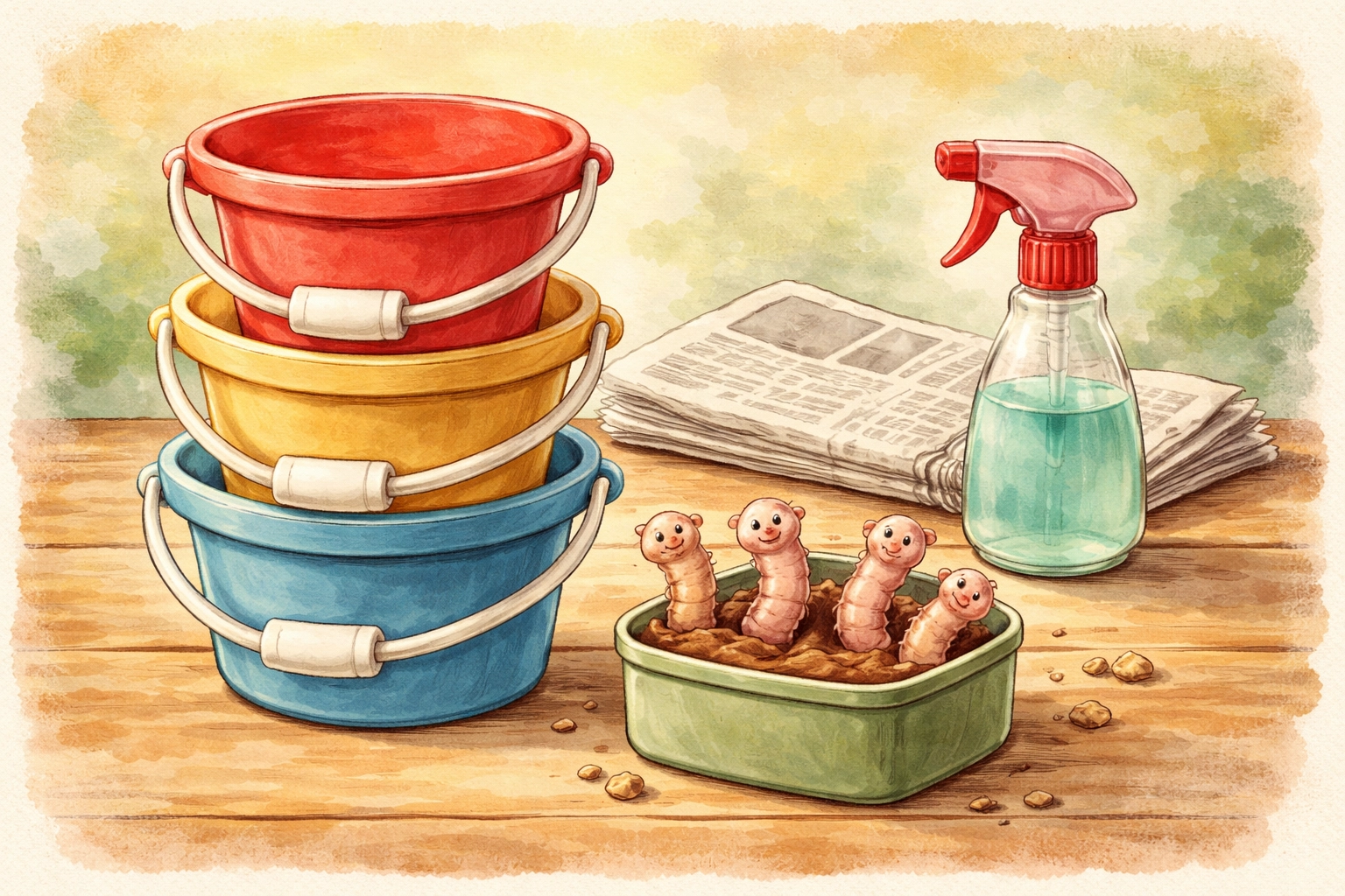Colorful illustration of budget materials for a DIY worm hotel, including stacked buckets, newspaper, and worms
