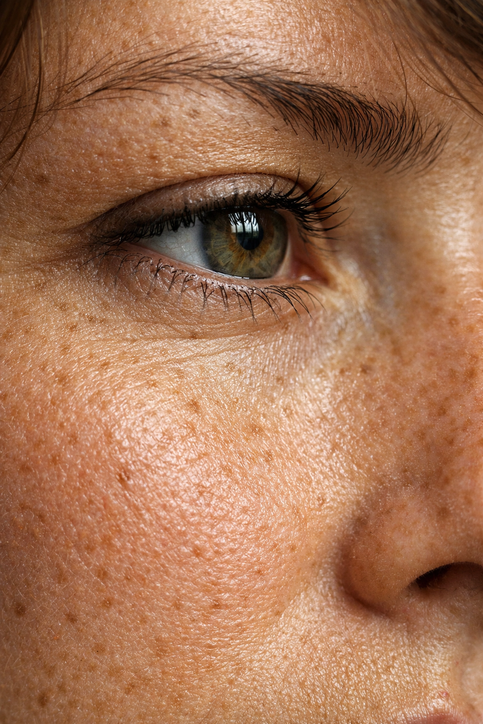 Detailed macro photo of human skin texture and an eye to avoid over-smoothed AI photo editing.
