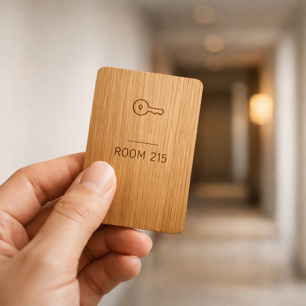 Close-up of a guest holding a wooden room key card after a seamless self-check-in.