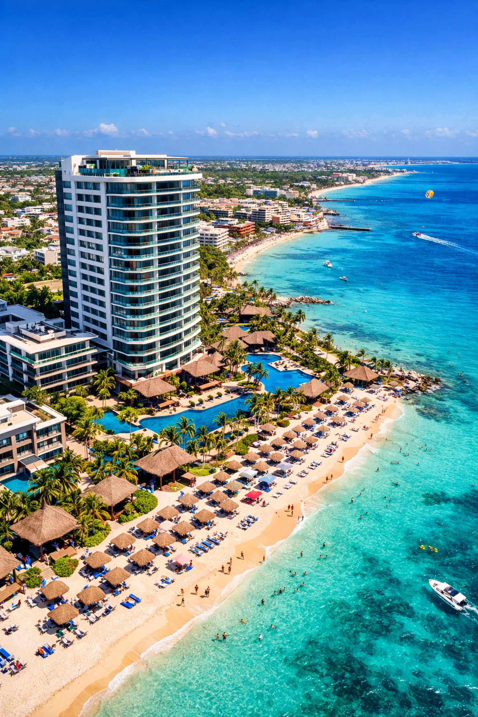 Aerial view of a luxury beachfront resort in Playa del Carmen showing high-end vacation potential.