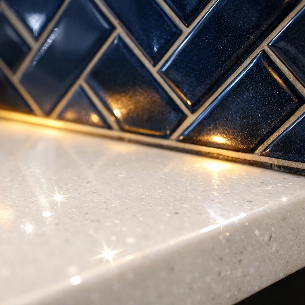 Sparkling quartz countertop and backsplash after a post construction cleaning Milford project.