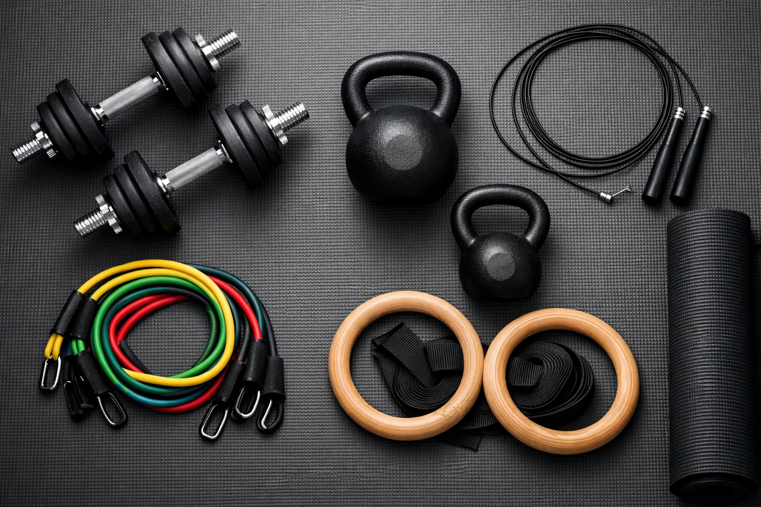 Essential no-drill CrossFit home gym equipment including dumbbells, kettlebells, and resistance bands