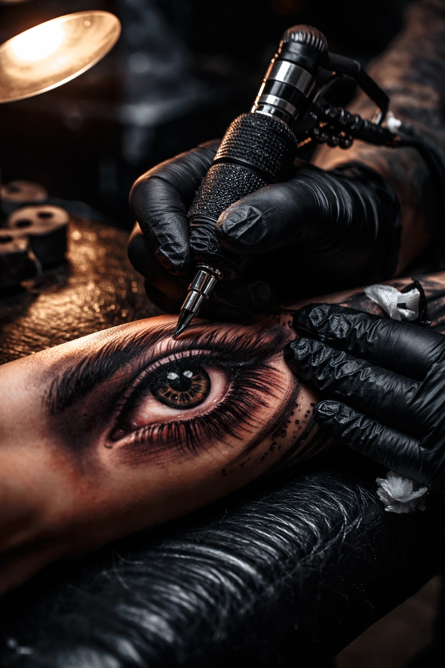 Tattoo artist creating a hyper-realistic portrait tattoo on a client's forearm in a Woolwich studio
