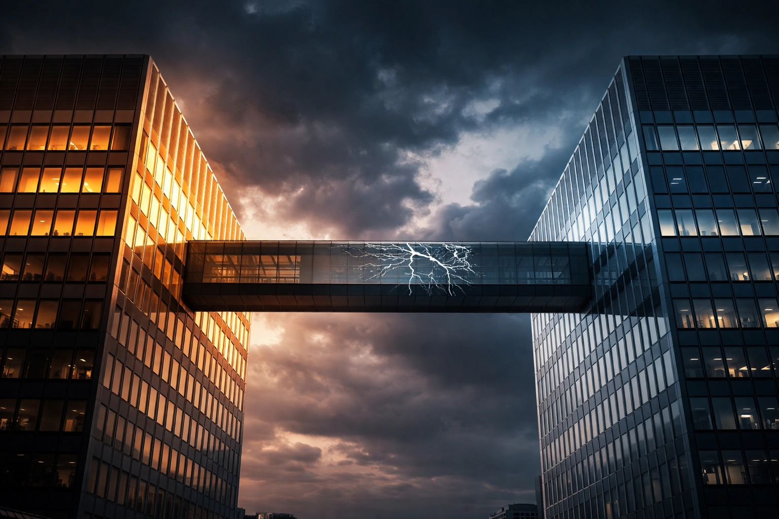 Two office buildings connected by a cracked glass bridge symbolizing third-party AI governance risk