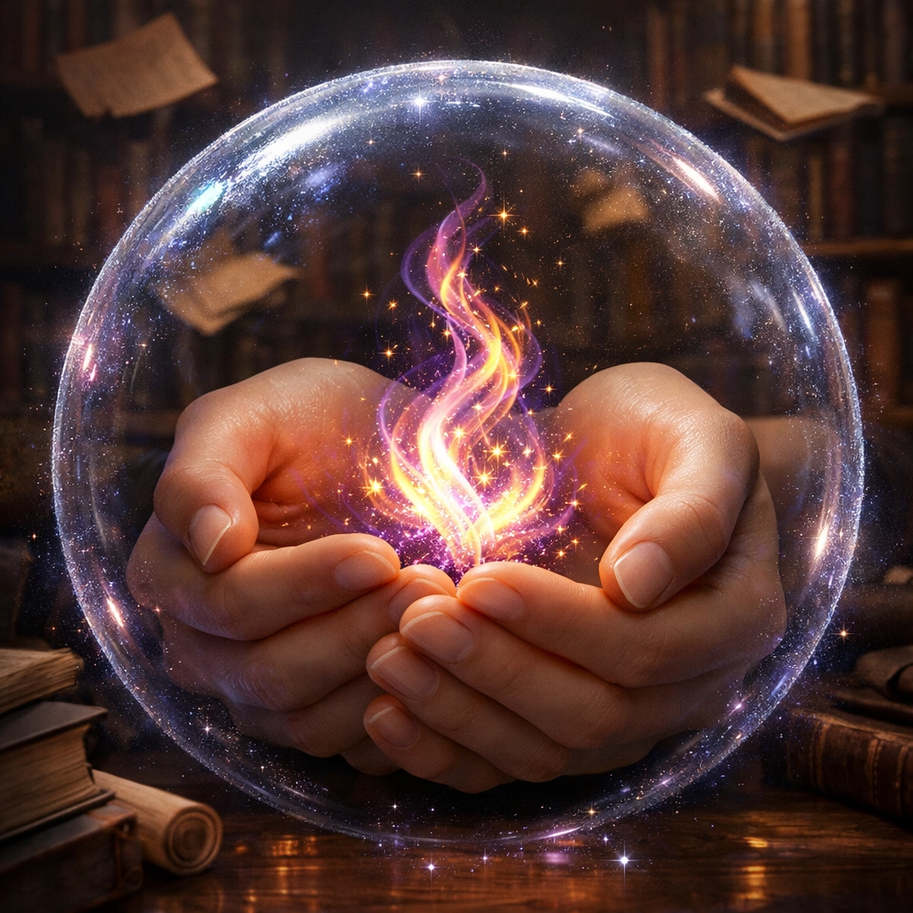 Hands shielding a magical flame with a shimmering barrier, symbolizing boundary setting to stop self-abandonment.