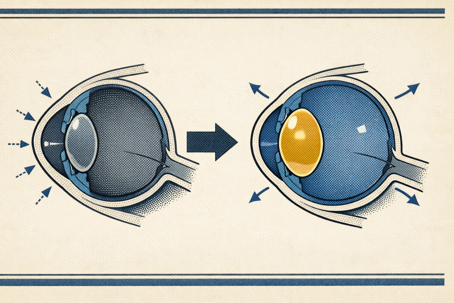 Diagram of a human eye undergoing structural restoration to improve vision through a medical breakthrough.
