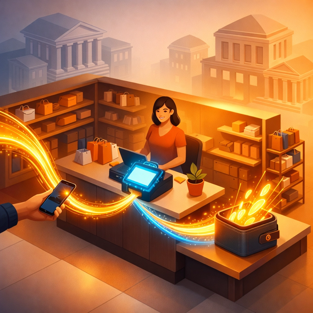 Small business retail store with crypto POS system enabling instant payment settlement to merchant wallet