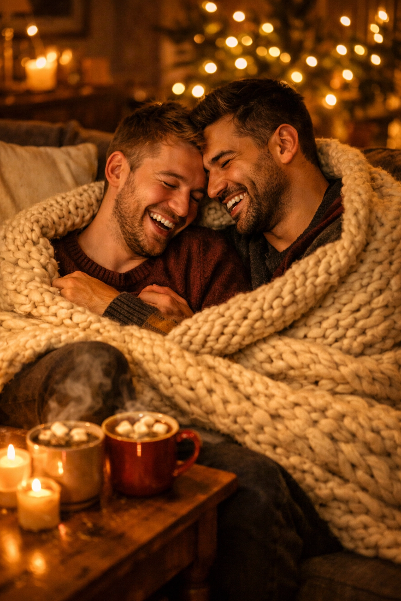 Gay couple cuddling under cozy blankets with hot chocolate on winter date night at home