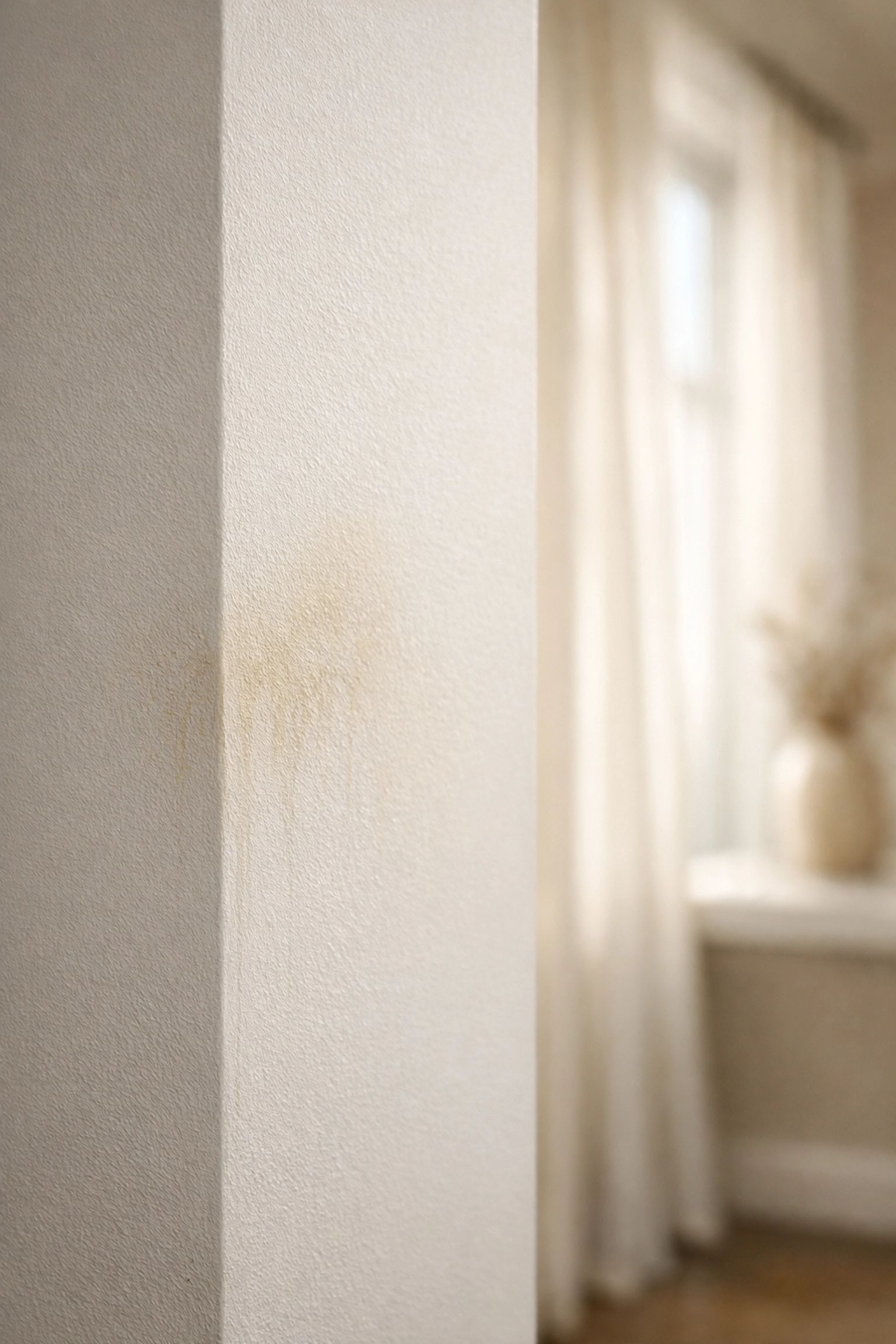 Hidden water damage and mold growth on home interior wall near window