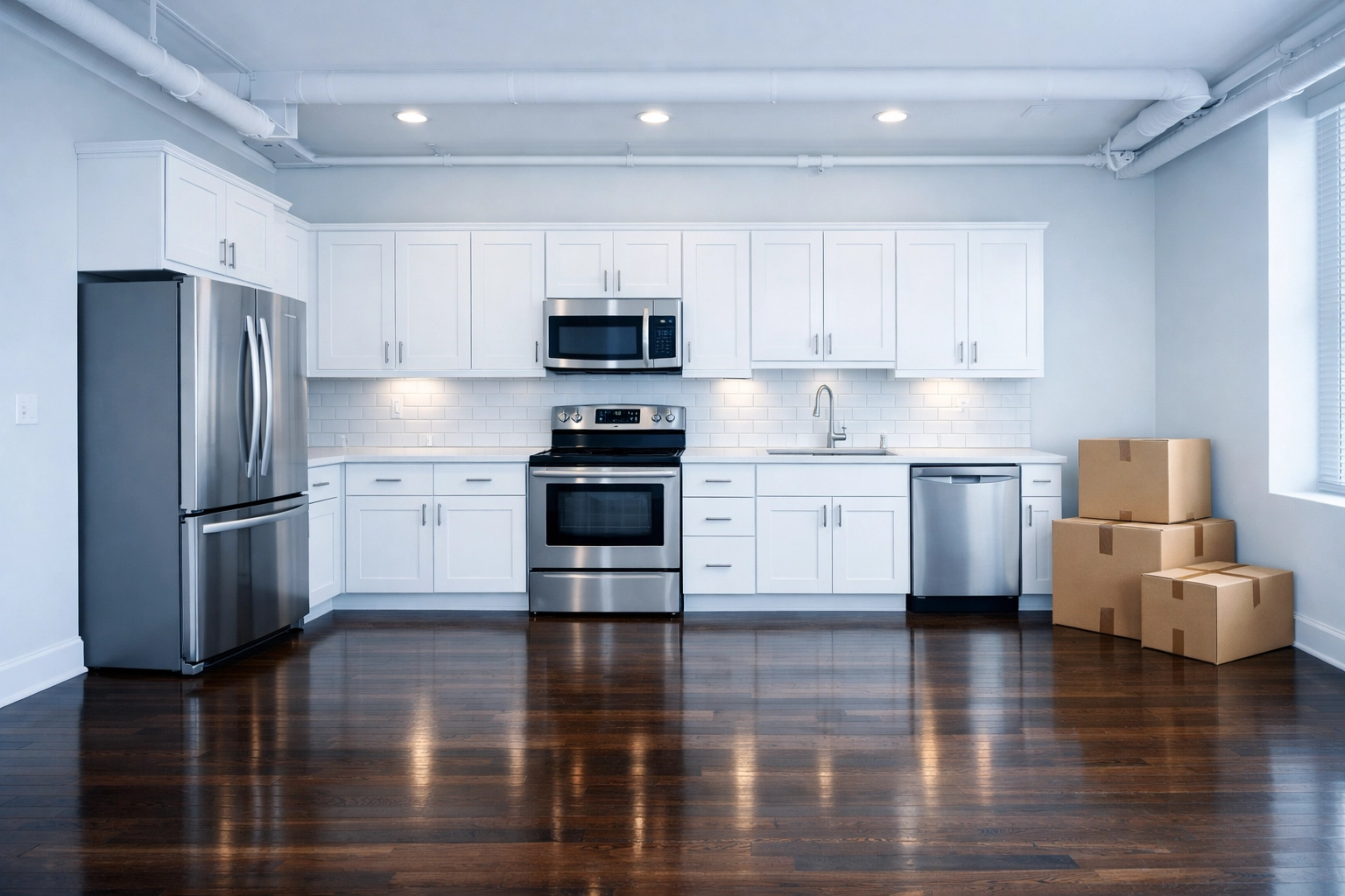 A spotless modern kitchen after expert move-in/move-out cleaning Lowell for a seamless transition.