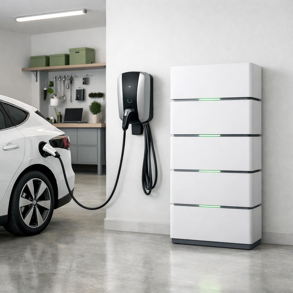 Interior of a modern garage with an electric vehicle charging alongside a high-tech home battery storage system.