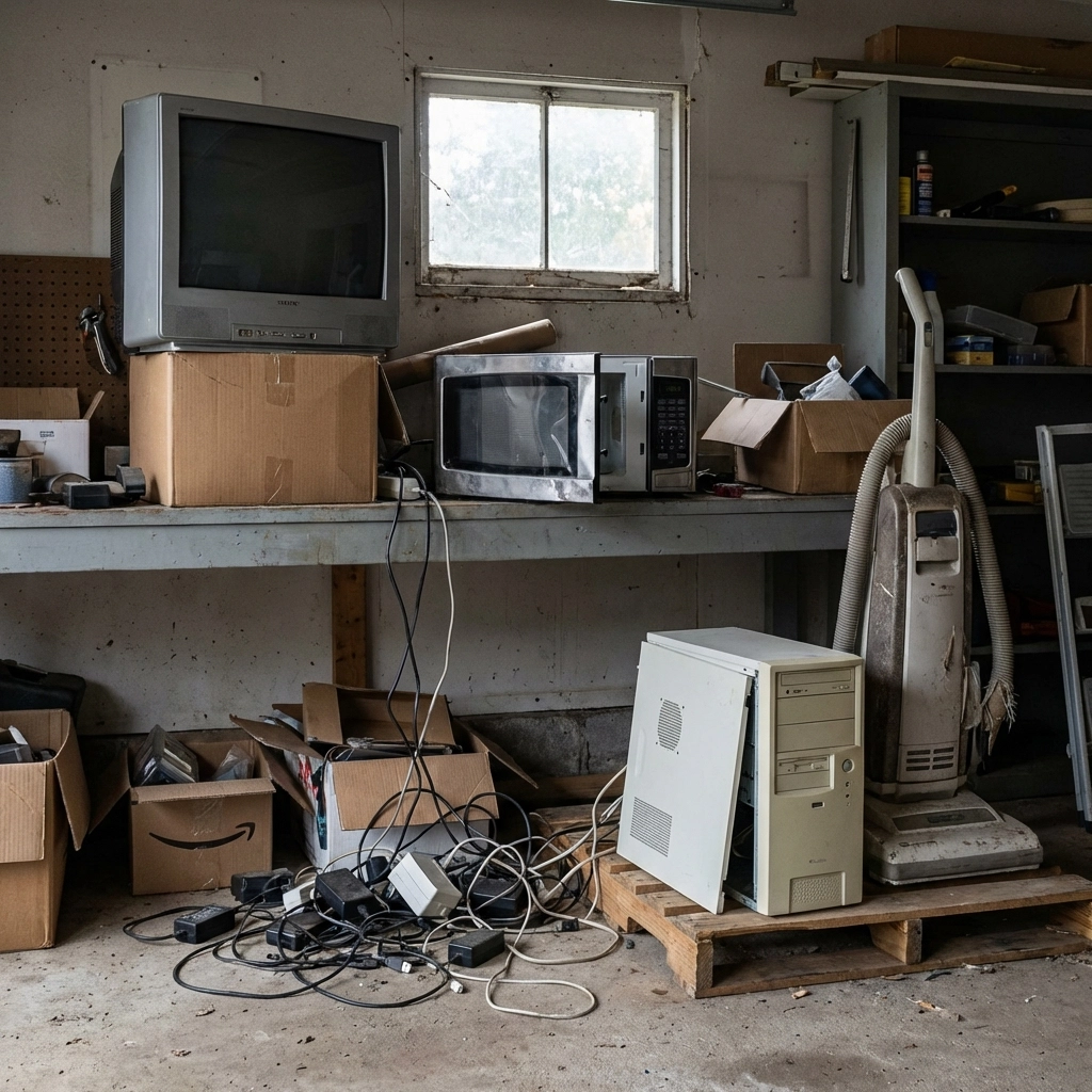 Cluttered UK garage corner with old electronics and appliances ready for e-waste recycling collection