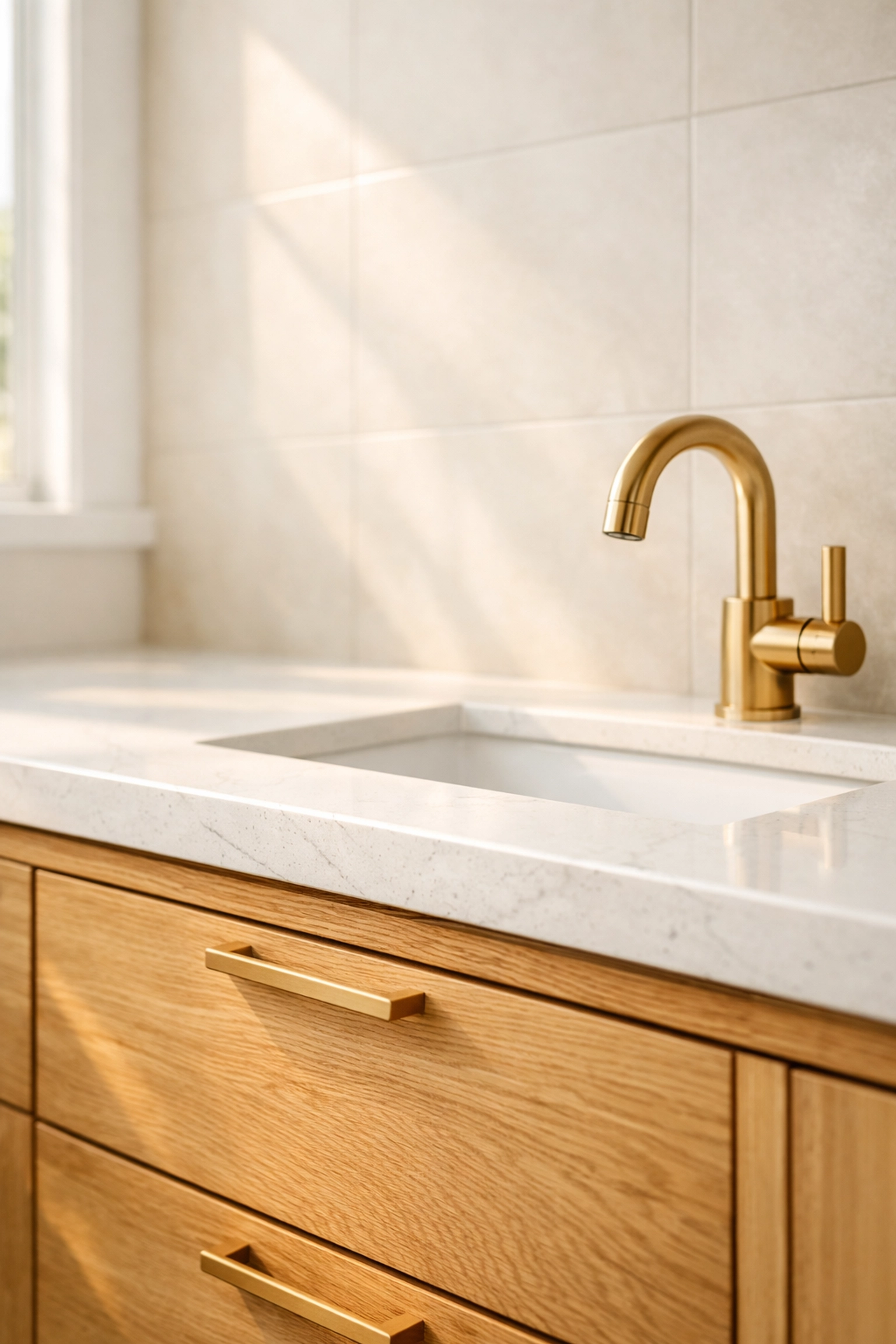 Modern bathroom vanity with light oak cabinetry and quartz countertops installed by a Central Ohio professional.