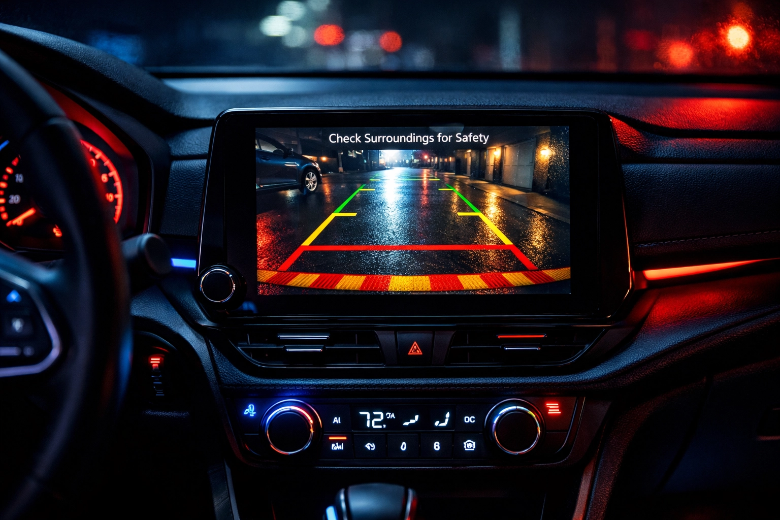 Car touchscreen head unit displaying integrated backup camera feed from driver's perspective