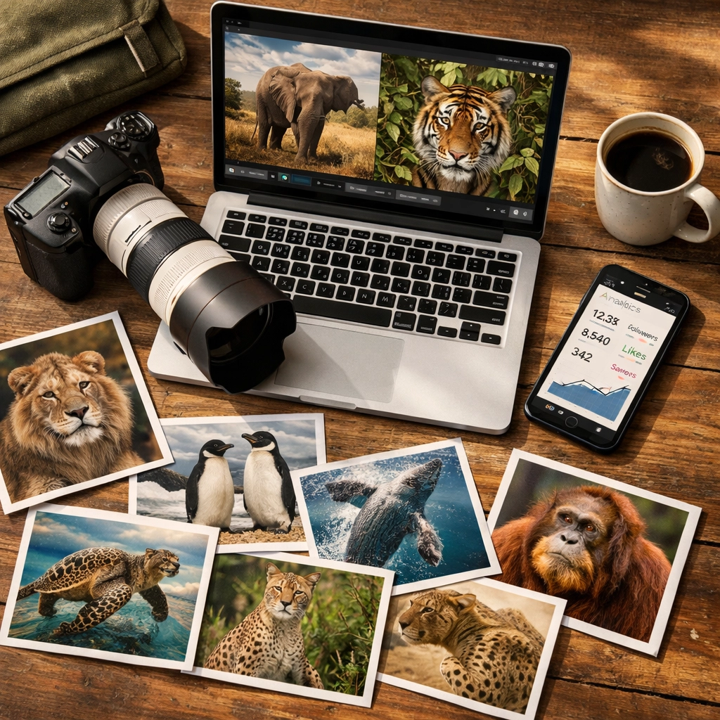 Conservation content workspace with camera and wildlife photographs for creating daily species spotlights