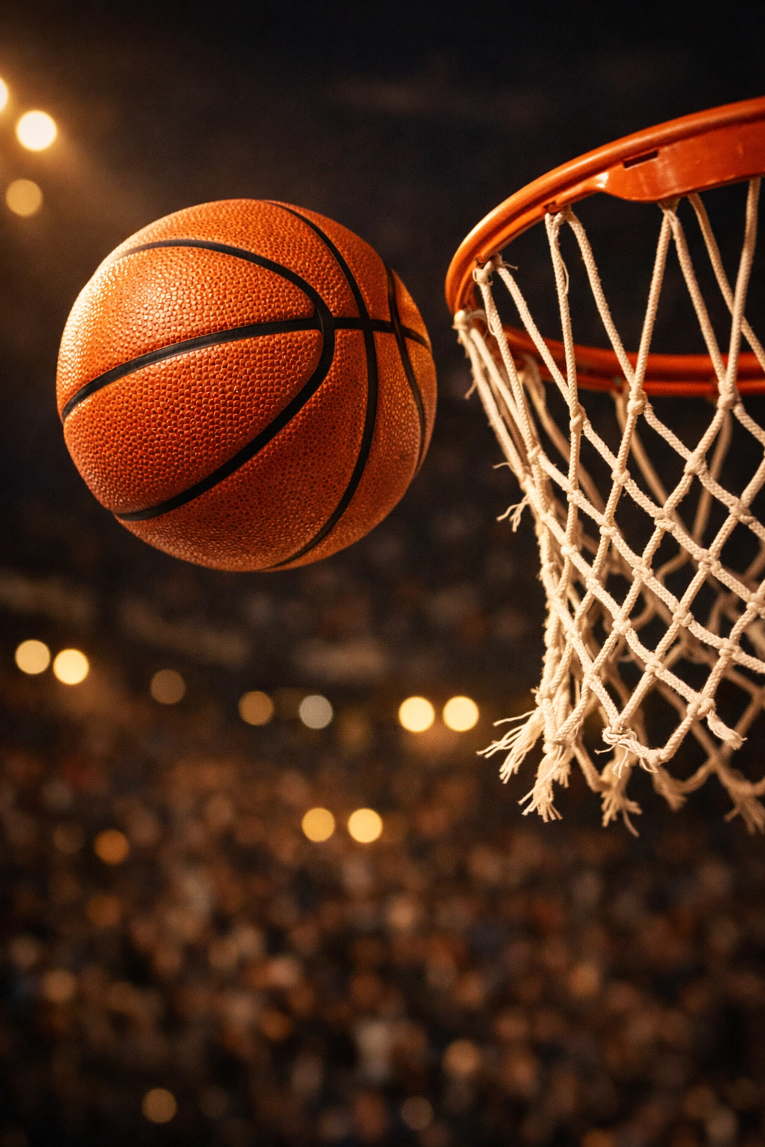 Close-up of a basketball swishing through the hoop, symbolizing a winning sports betting lock.