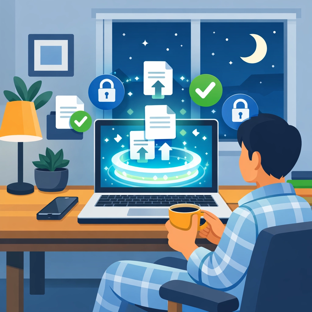 Person filing taxes virtually from home office using secure online portal