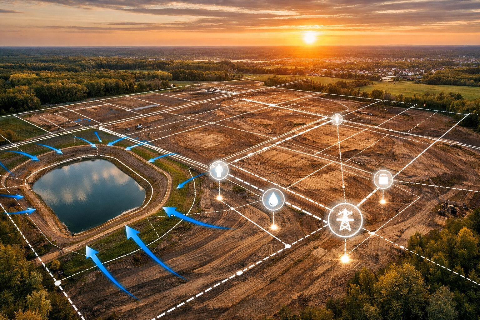 Aerial view of an Ontario land development project showing coordinated stormwater management and site servicing.