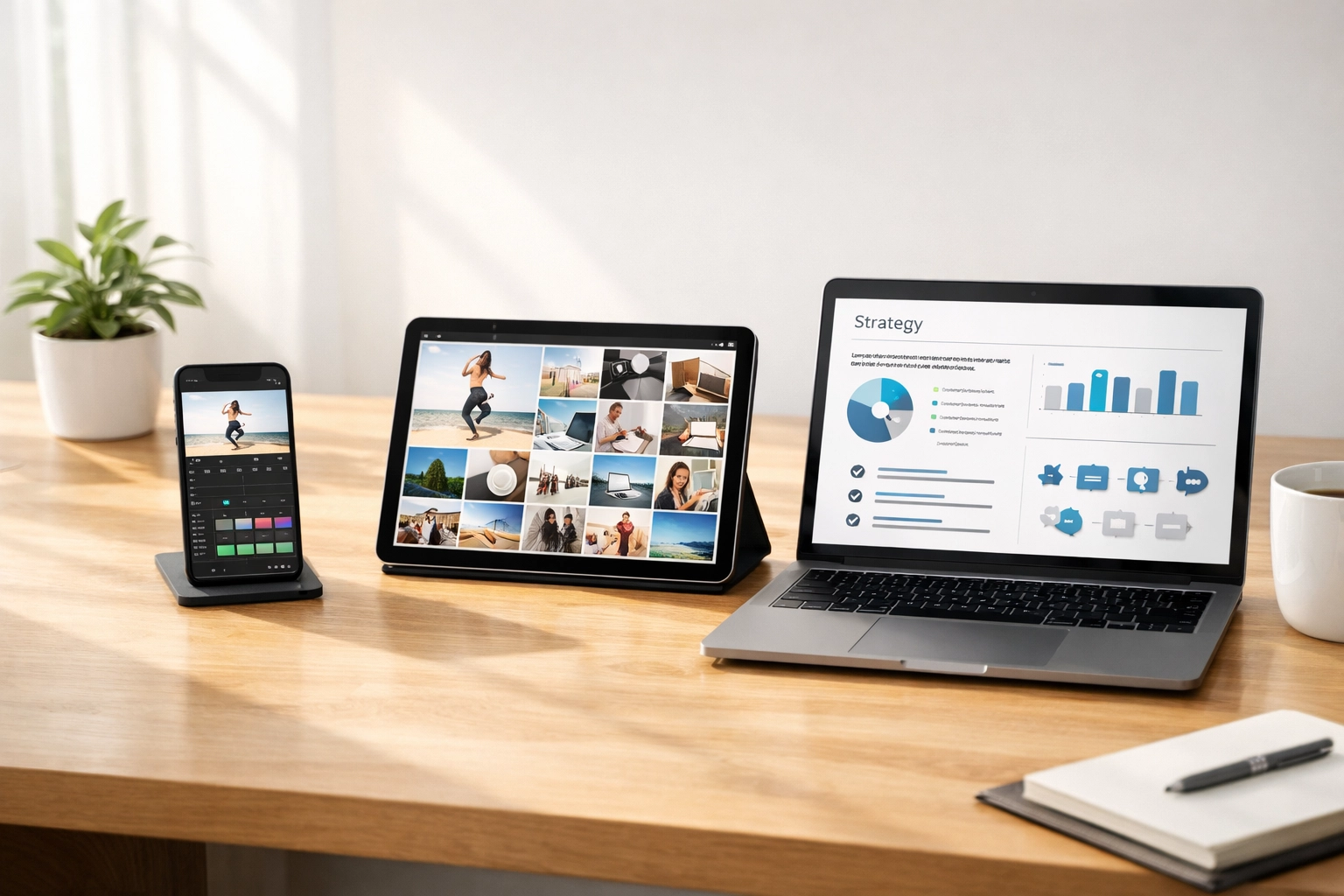 Smartphone, tablet, and laptop displaying coordinated digital marketing campaigns on a minimalist desk.