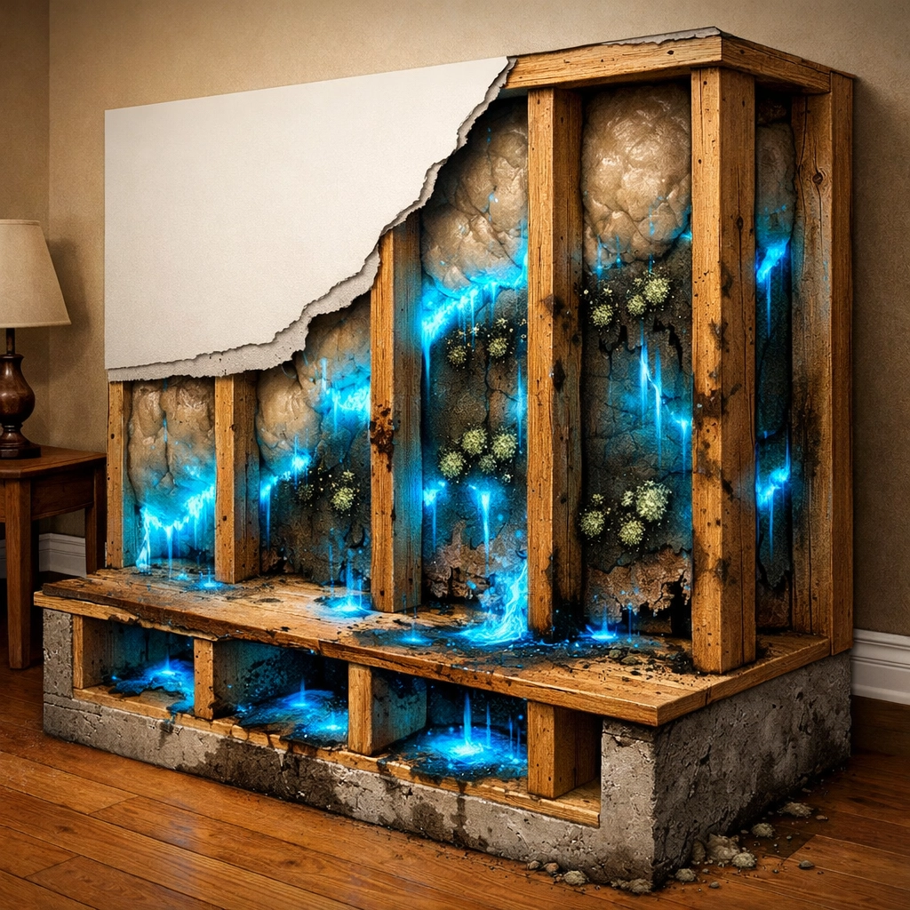 Cross-section showing hidden moisture behind walls that can lead to mold growth