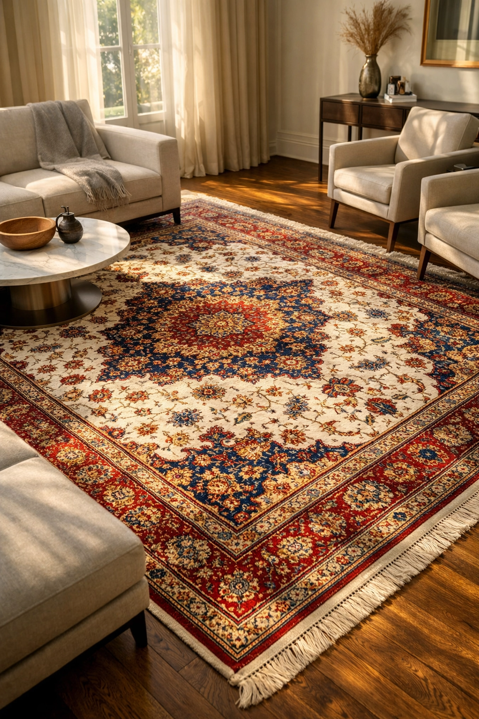 Authentic Persian rug with floral medallion pattern anchoring elegant modern living room