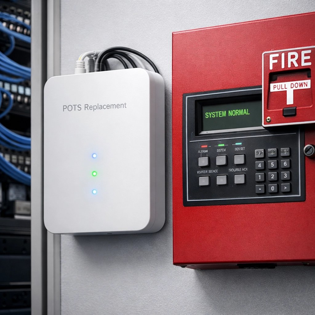 Modern POTS replacement device mounted next to fire alarm panel in commercial building