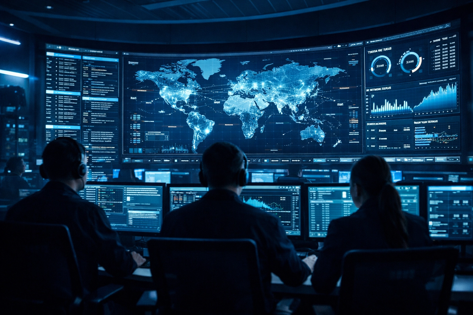 Analysts monitor global network security data in a 24/7 high-tech security operations center for cyber resilience.