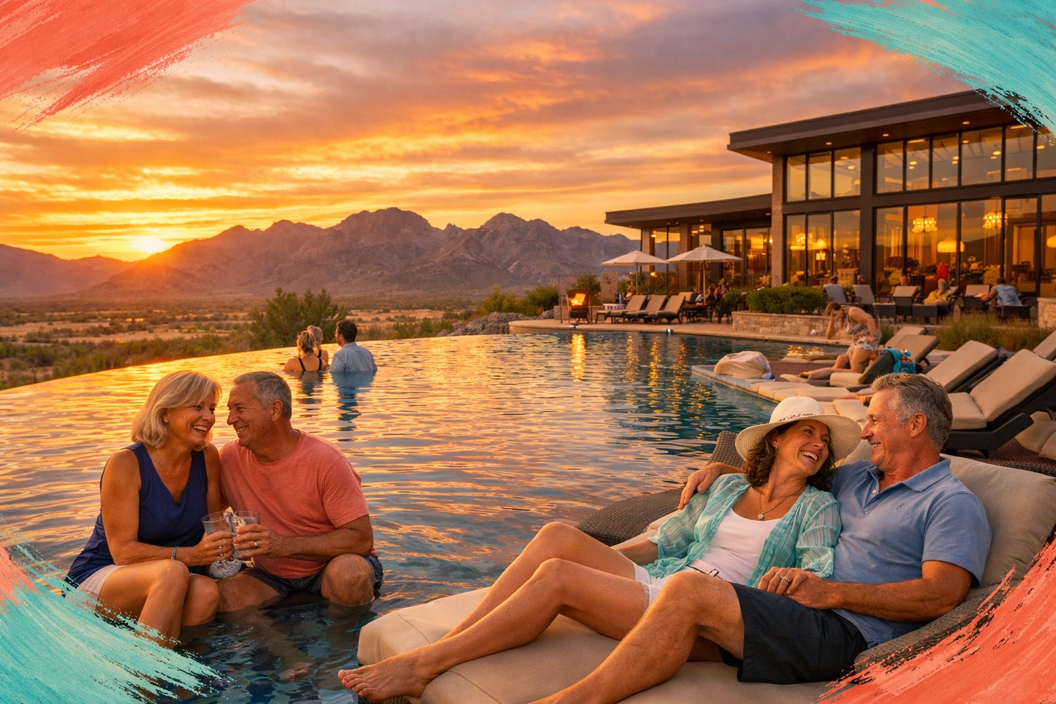 Active adults relaxing at resort-style infinity pool with White Tank Mountain views in Buckeye Arizona