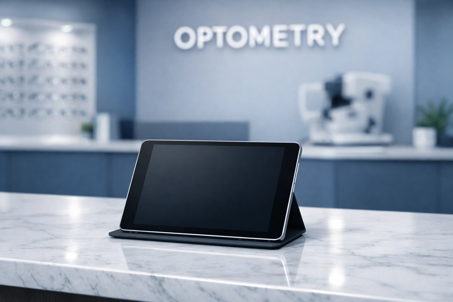 Digital tablet at a modern optometry front desk used for checking patient insurance eligibility and frequency limits.