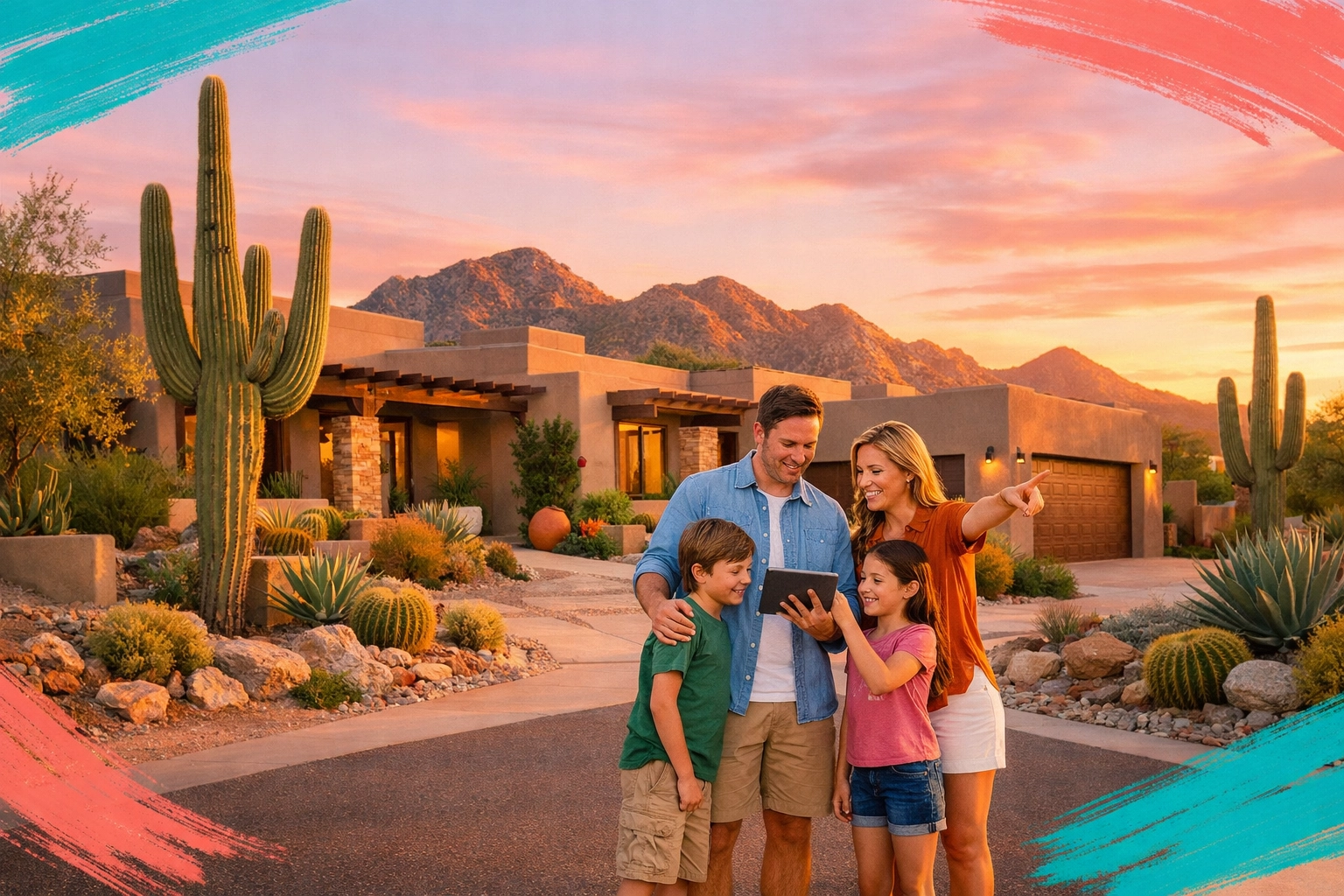 Family viewing luxury Scottsdale home with desert landscaping and mountain views Family viewing luxury Scottsdale home with desert landscaping and mountain views