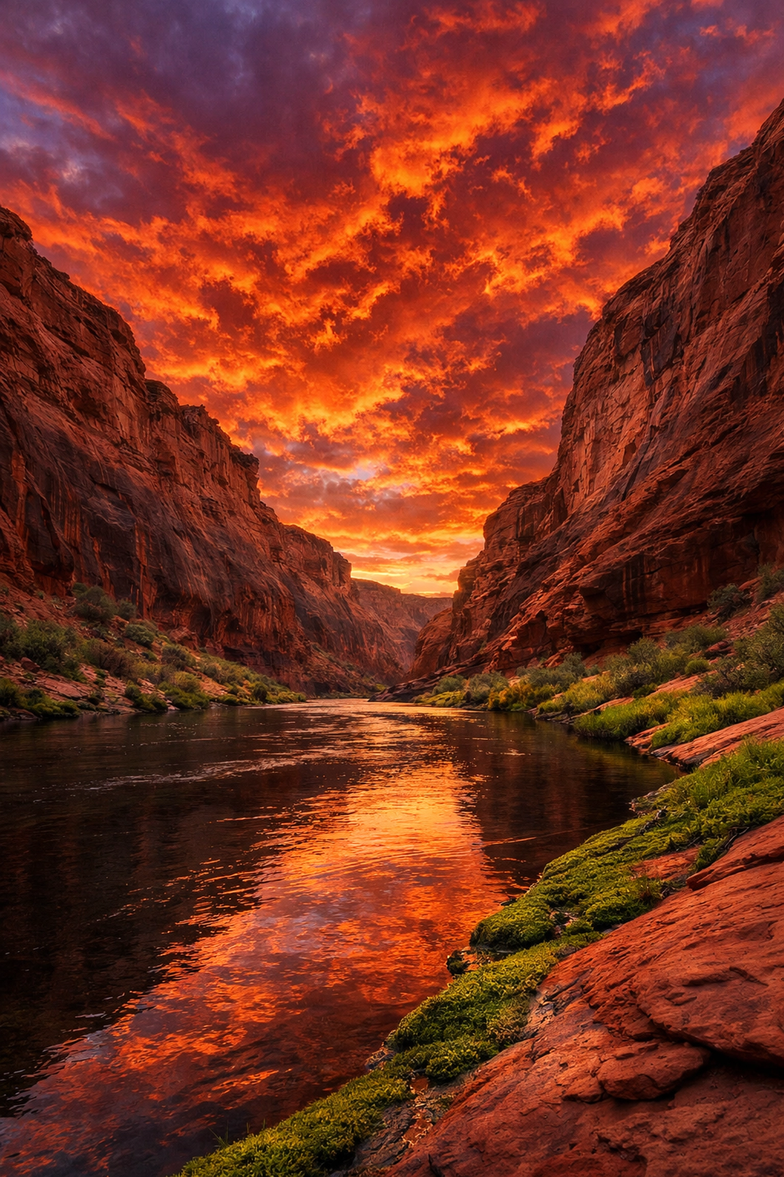Canyon river at sunset with balanced exposure, showing landscape photography tips for high contrast.