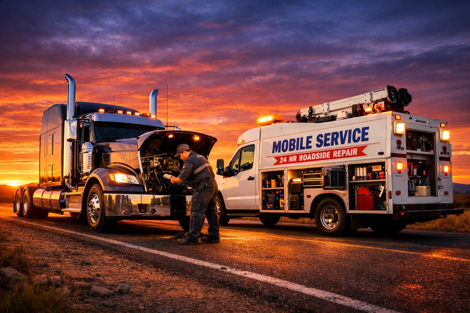 Mobile heavy-duty truck repair service assisting a semi-truck on the roadside during sunset.