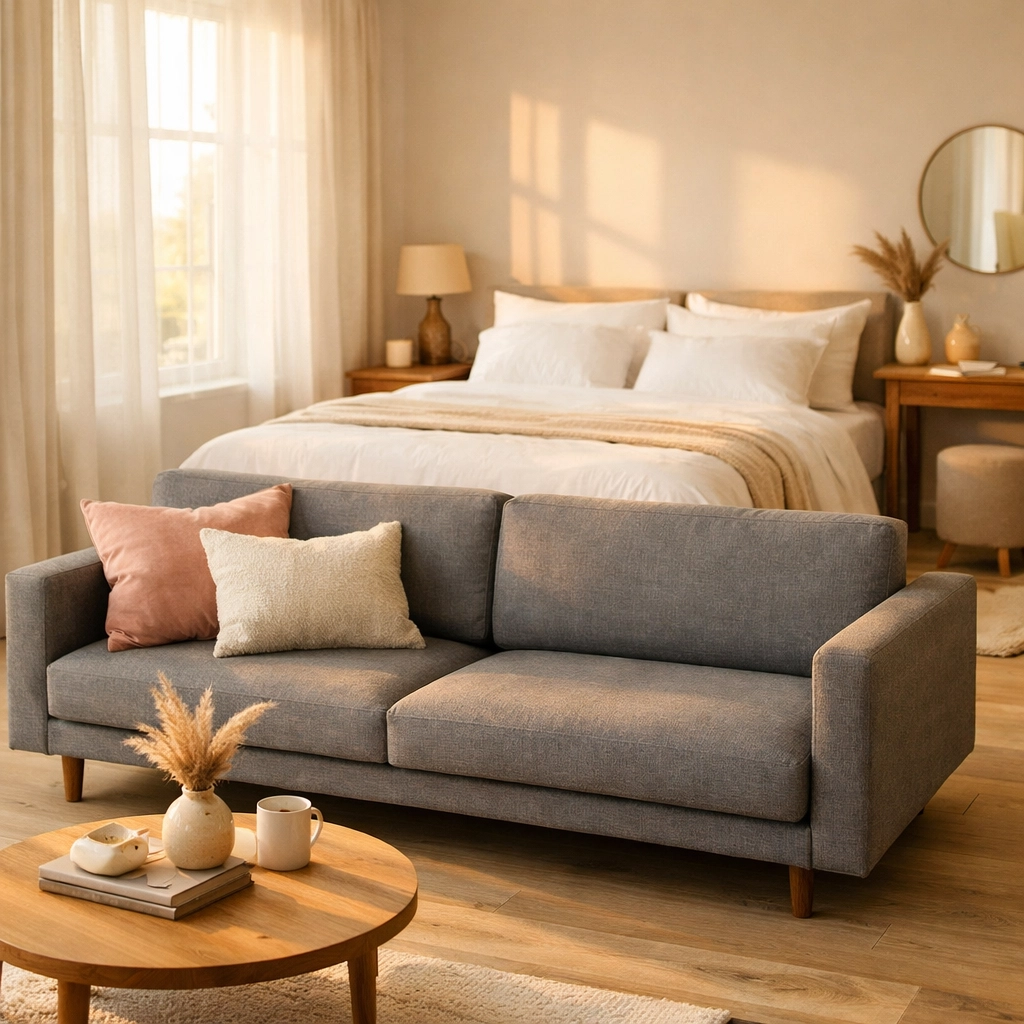 Small studio apartment with sofa floating at foot of bed creating natural room divider