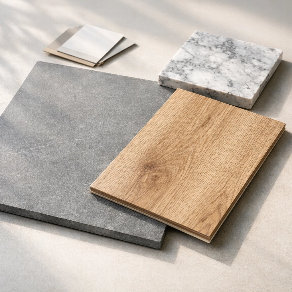 Premium porcelain tile and luxury vinyl samples for an Orlando flooring renovation project.