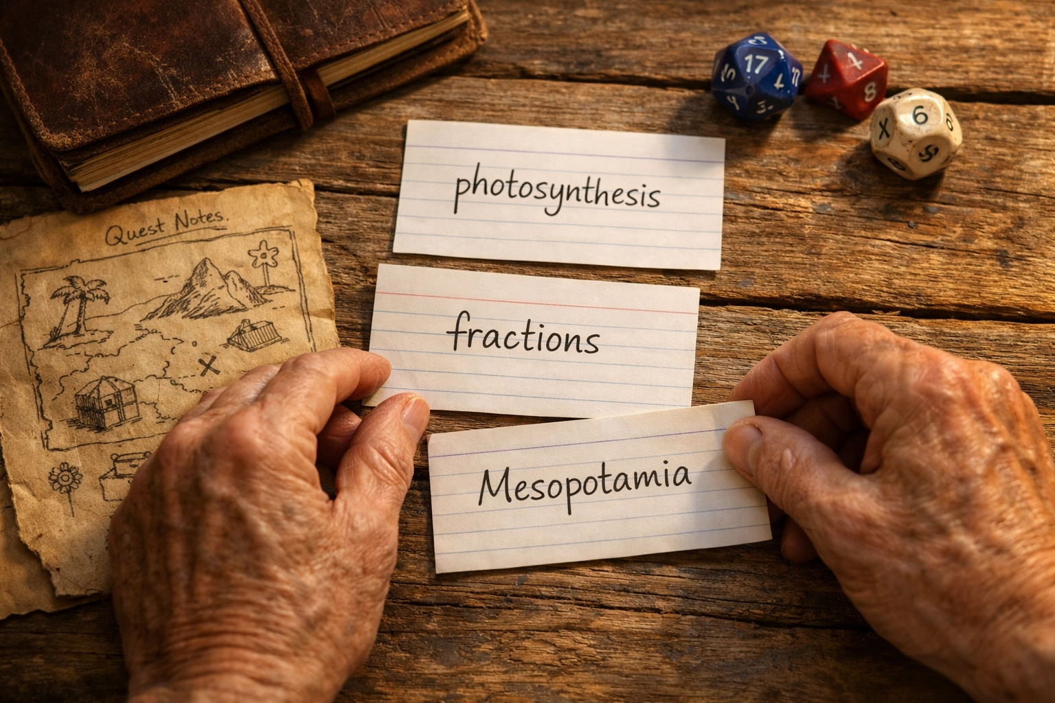 Planning homeschool curriculum with learning objective cards and game notes