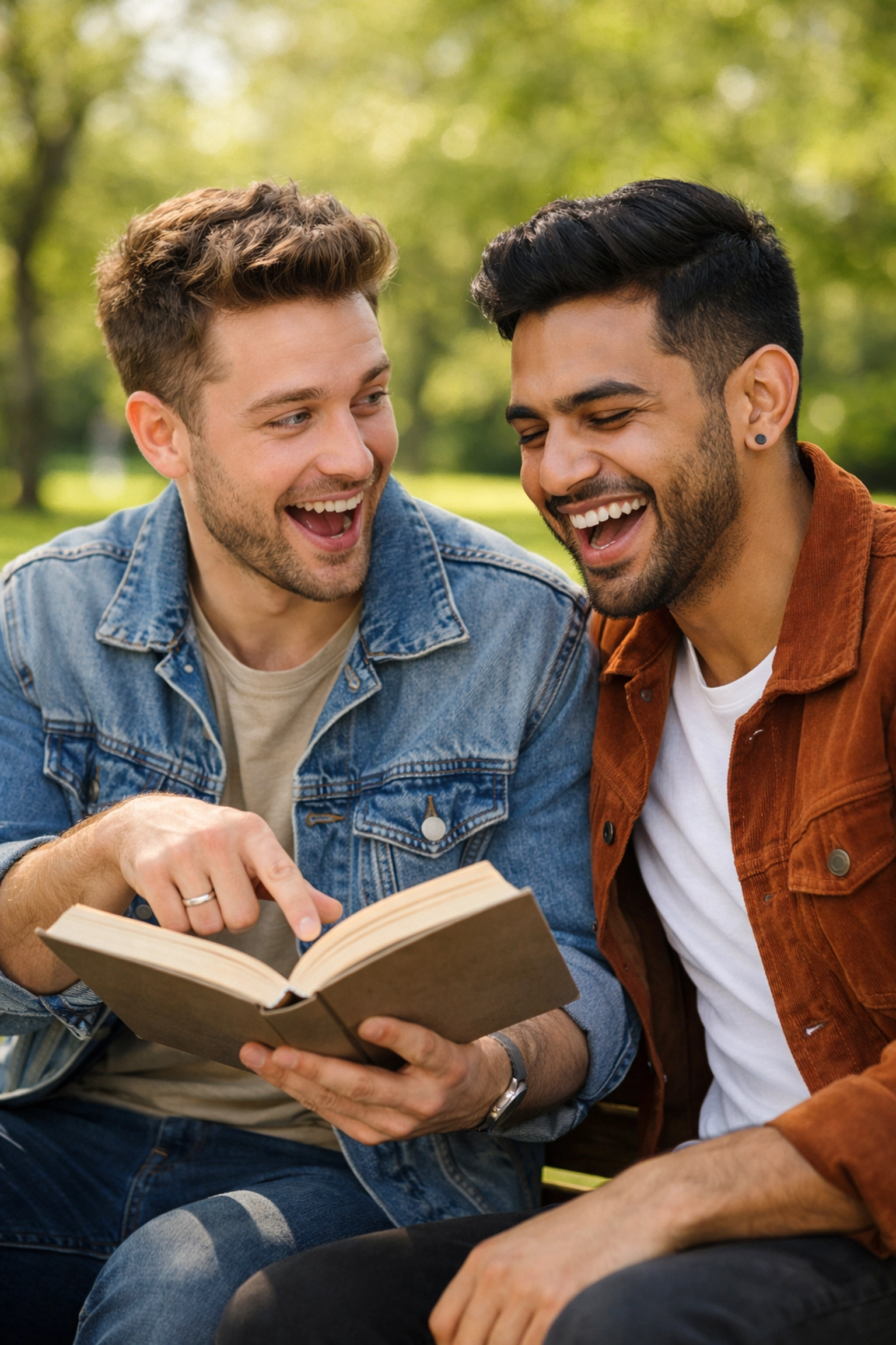 Two gay men sharing an MM romance book on a park bench to build queer community.