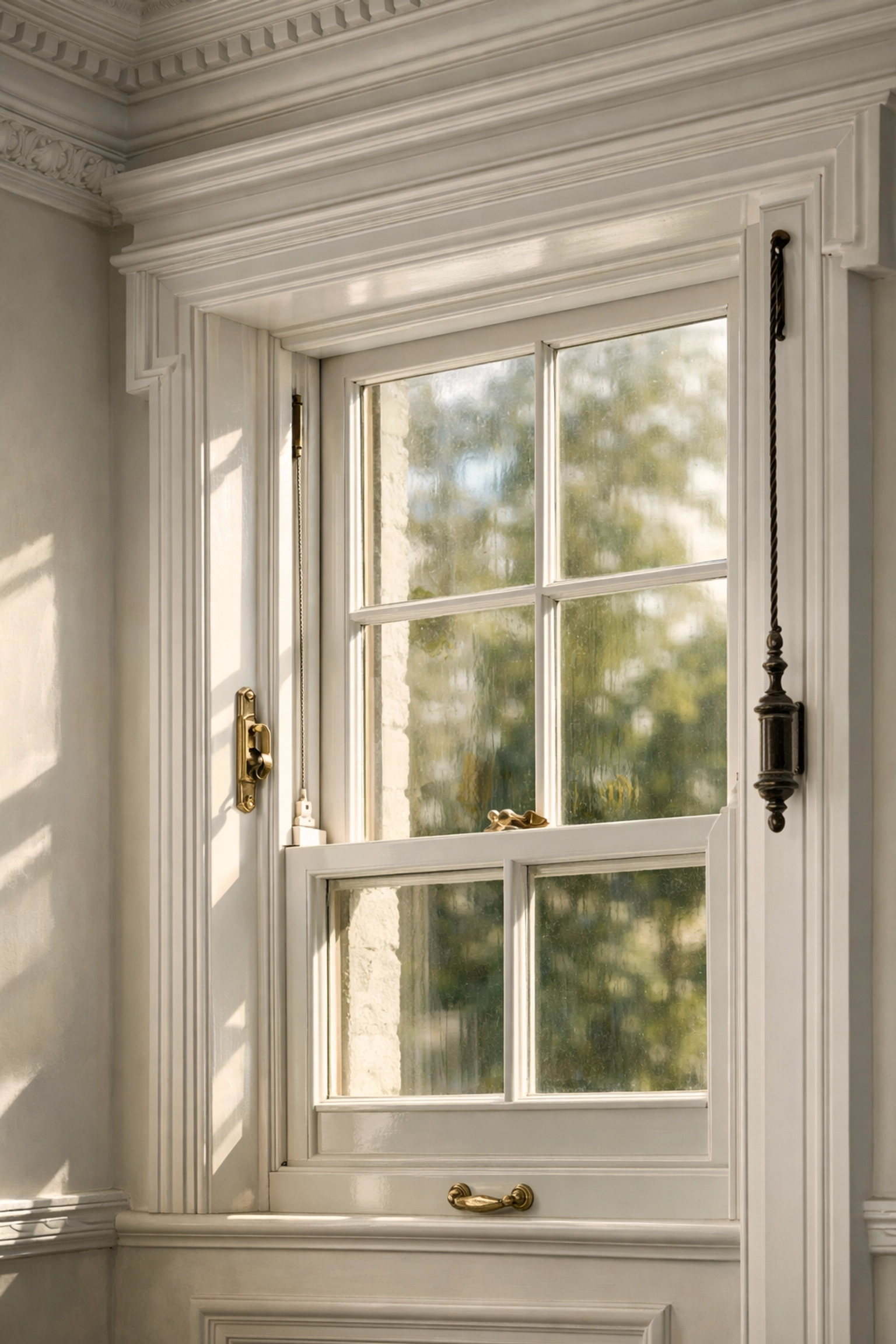 Original Georgian timber sash window in a London listed building requiring heritage preservation.