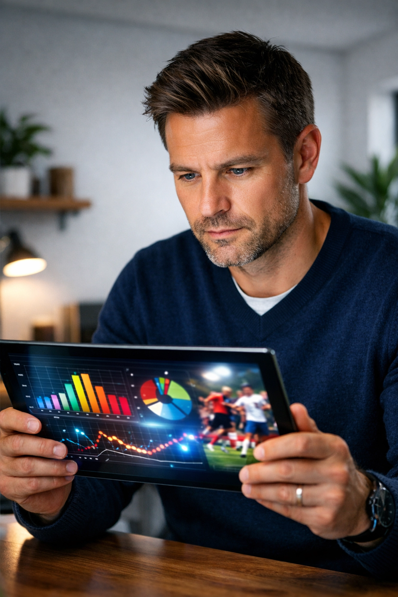 A marketing executive analyzing sports advertising data and NIL talent performance on a digital tablet.