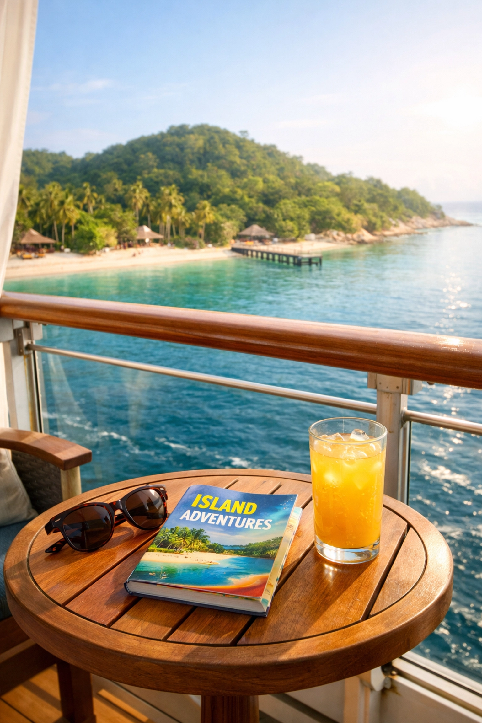 View from a private cruise balcony featuring a travel guide and a tropical island on the horizon.
