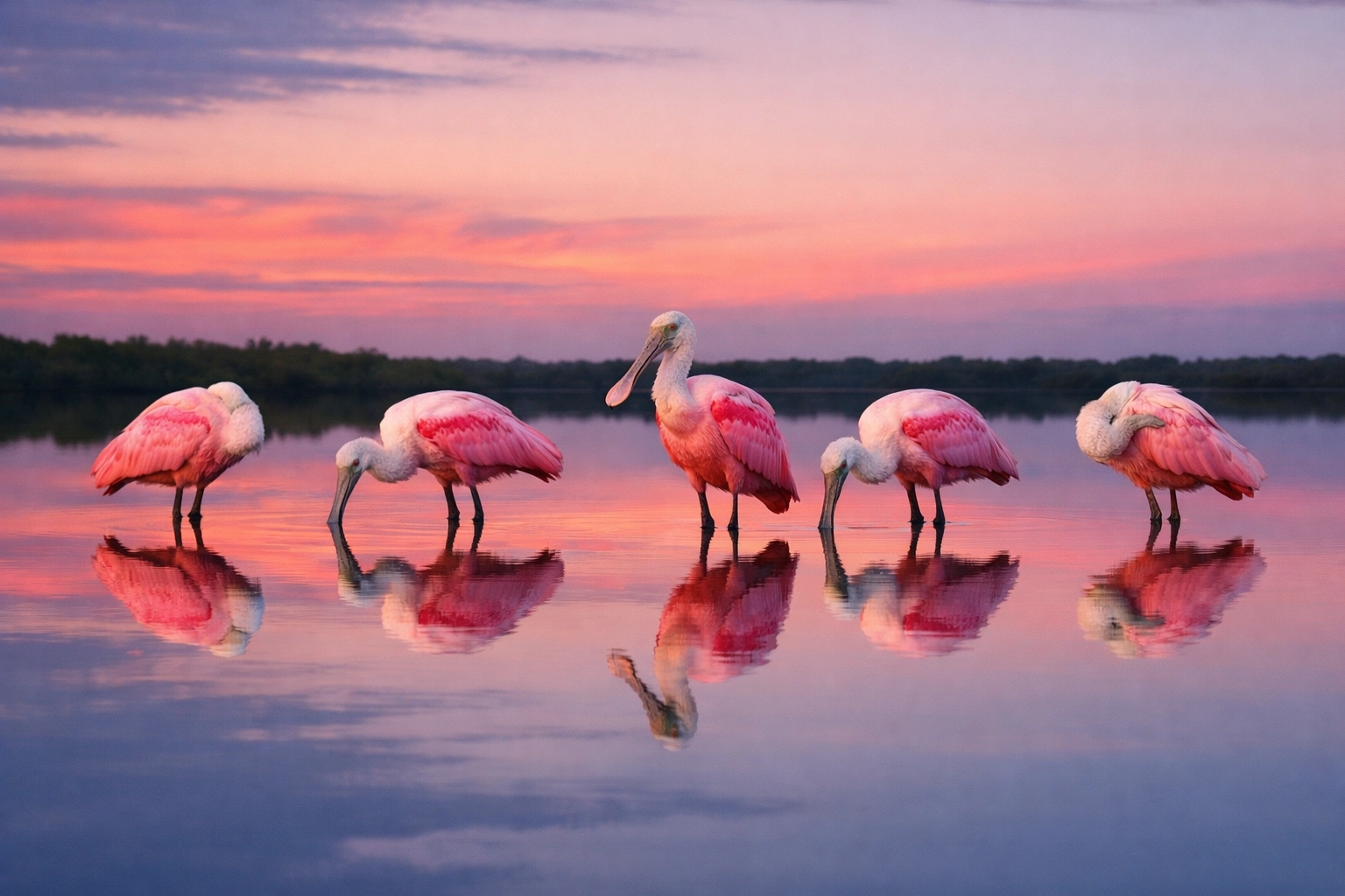 Roseate Spoonbills wading in Eco Pond at sunset with vivid pink reflections in the calm Everglades water.