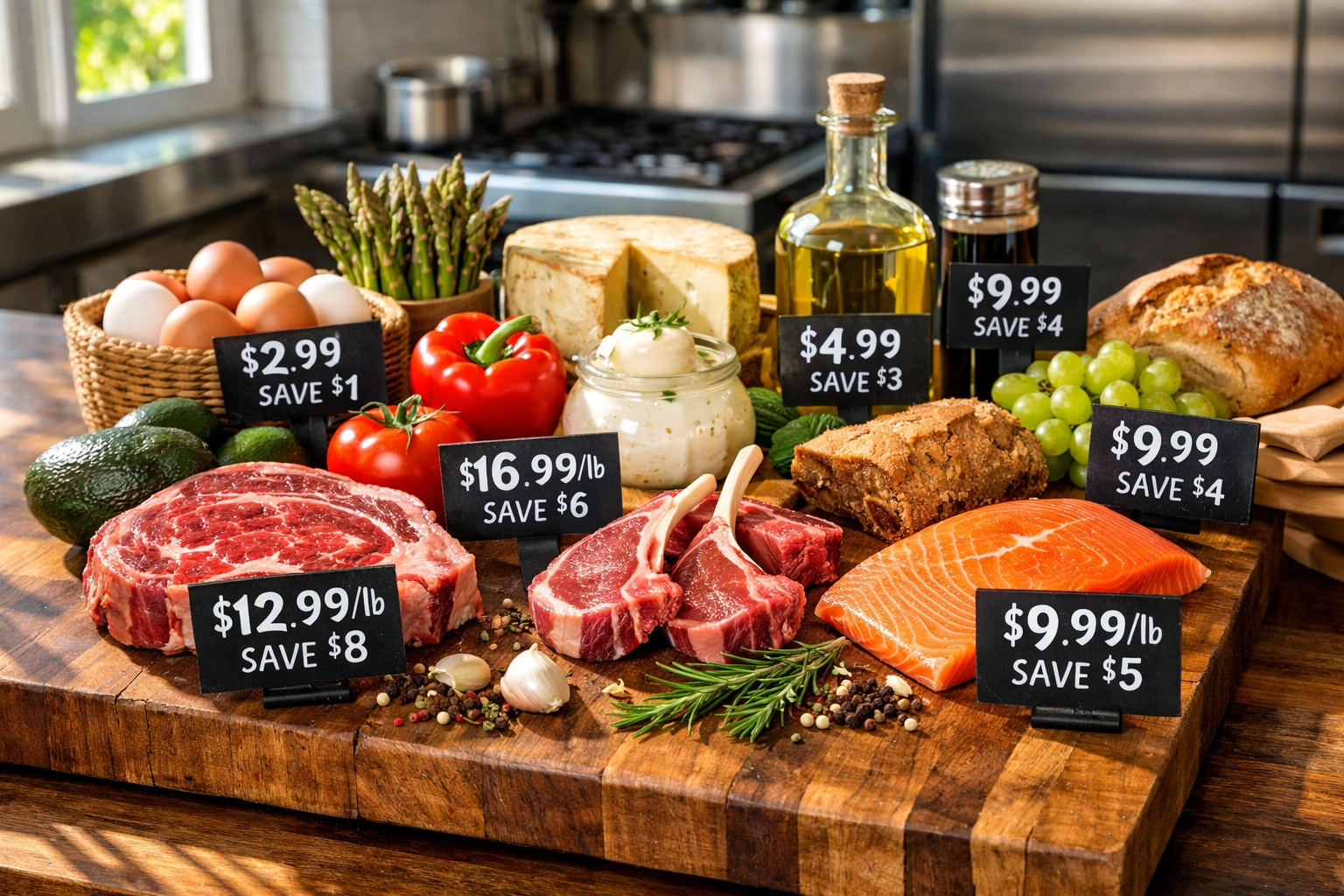 Fresh restaurant ingredients with cost savings displayed on butcher block