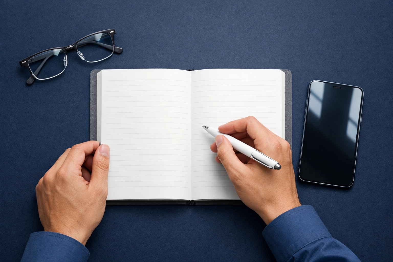 Hands writing in a notebook on a professional desk, symbolizing a strategic benefits review and HR planning checklist.