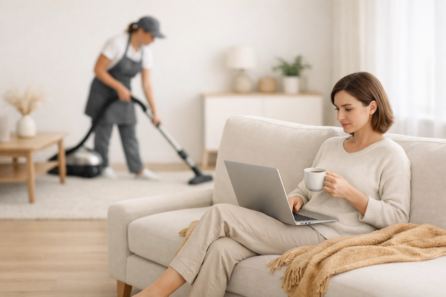 Greenville homeowner reclaiming their Monday by hiring a professional maid service to handle the vacuuming.