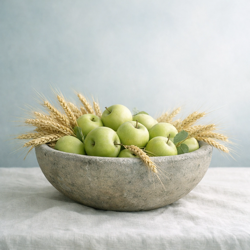 A bowl of apples and wheat on a table, illustrating a mindset of abundance and trusting God's provision.