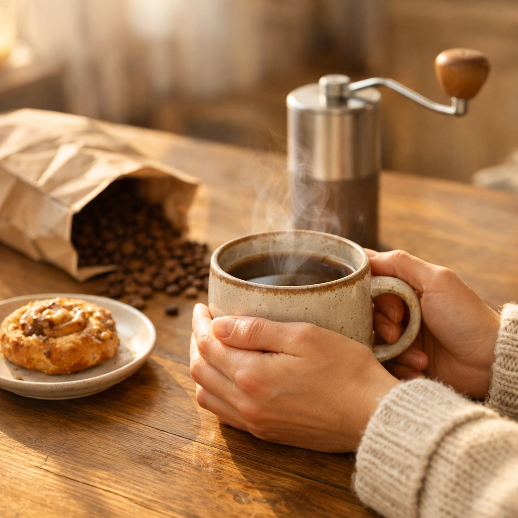 Someone holding a warm mug of fresh roasted coffee next to whole beans and a manual grinder.