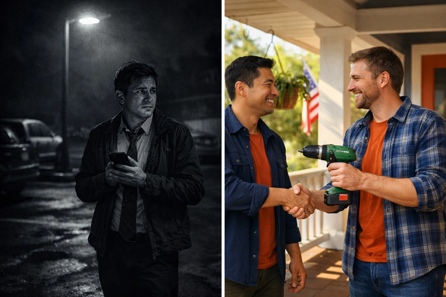 Comparison of unsafe Craigslist parking lot meetup versus safe neighbor-to-neighbor tool rental exchange