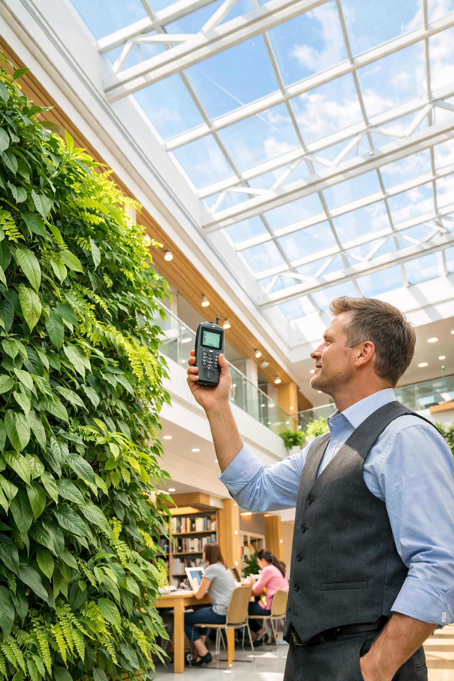 Industrial hygiene professional testing indoor air quality with digital sensors in a modern university atrium.