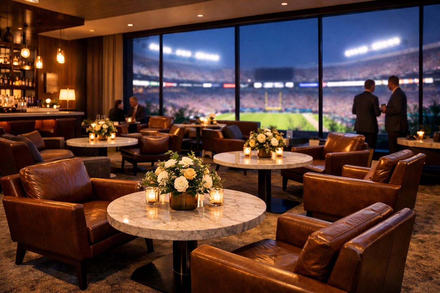 Luxury corporate hospitality lounge with views of the stadium for high-stakes Super Bowl networking.